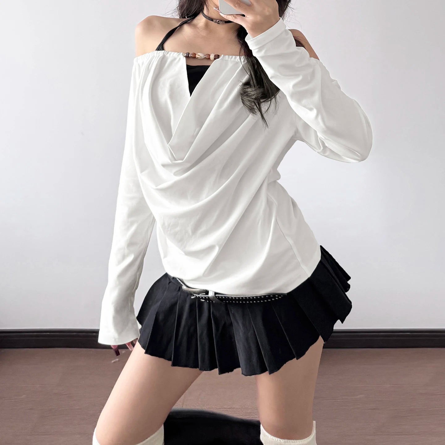 2025 Autumn Winter Women Korean Fake Two Pieces Slash Neck Top 2000s Long Sleeve T-Shirt Kpop Tees Y2k Design Coquette Gyaru New.