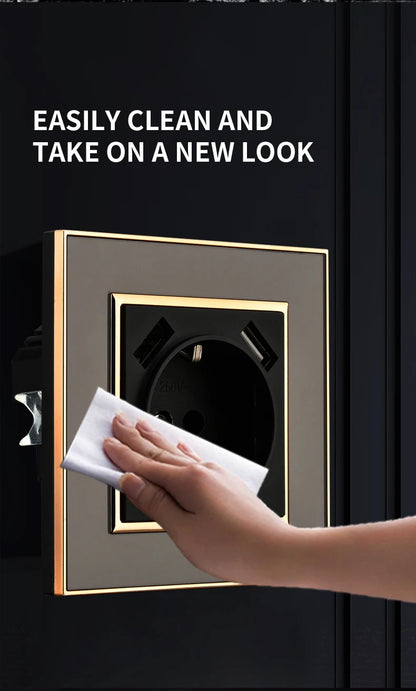 WESA Schwarze Spiegel-Acryl-Steckdose mit 2 USB-Steckdosen nach EU-Standard, Standard-Erdungsstecker, Steckdose, flammhemmend.