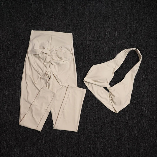 TRY TO BN Yoga Sports Sets Women's Tracksuit Sexy Back Pocket Hanging Neck Bras Fitness Leggings Sportswear Workout Gym Clothing.