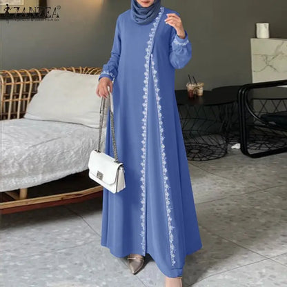 ZANZEA Autumn Women Long Sleeve O Neck Muslim Maxi Dress Kaftan Elegant Lace Crochet Loose Turkey Abaya Vestidos Islamic Dresses.