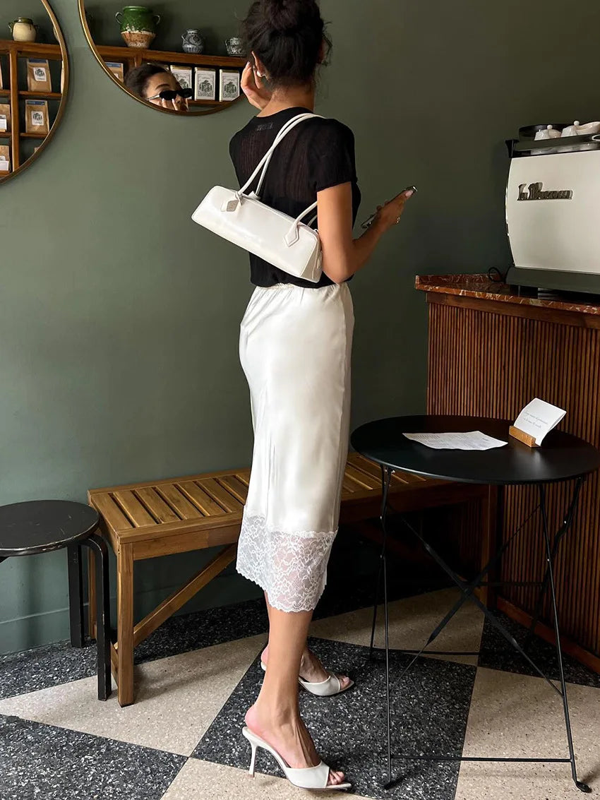 Tossy White Casual Lace Long Skirt For Women Slim High Waist Patchwork Elegant Commute Clothes Summer 2025 Female Maxi Skirt New