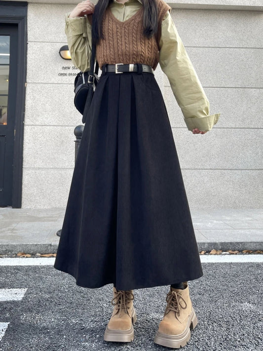 Qiukichonson Mid Long Skirts Womens Corduroy Skirt 2023 Autumn Winter Korean Vintage High Waist Ruffle Pleated Skirts With Belt.