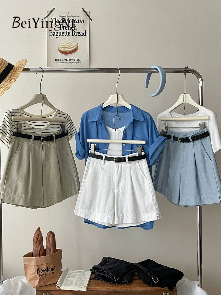 Beiyingni Korean Women High Waist Shorts With Belt Elegant Cotton Linen Casual Slim Female Shorts White Street Short Cargo Pants.