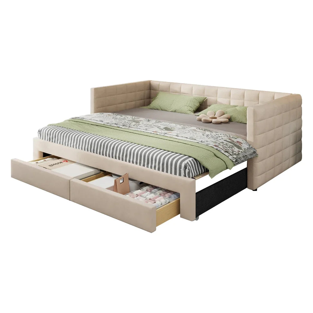 3-in-1 ausziehbares Schlafsofa 90 x 190 cm, Multifunktionsbett mit Schubladen, Einzel-/Doppelbett, Baumwolle und Leinen (Matratze nicht im Lieferumfang enthalten)