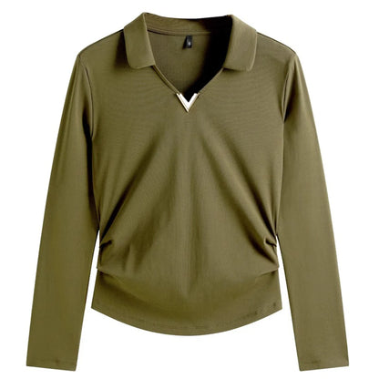 Korean version wine red long sleeved T-shirt for women in spring and autumn, new high-end fashion plus size lapel casual top.