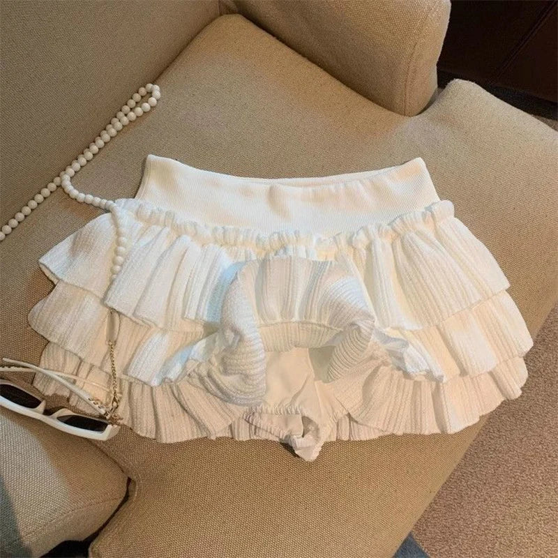 Sweet Puffy Cake Women Skirts Korean Fashion Ruched Ruffle Mini Skirt Campus Harajuku Casual Versatile Elastic Waist Solid Skirt.