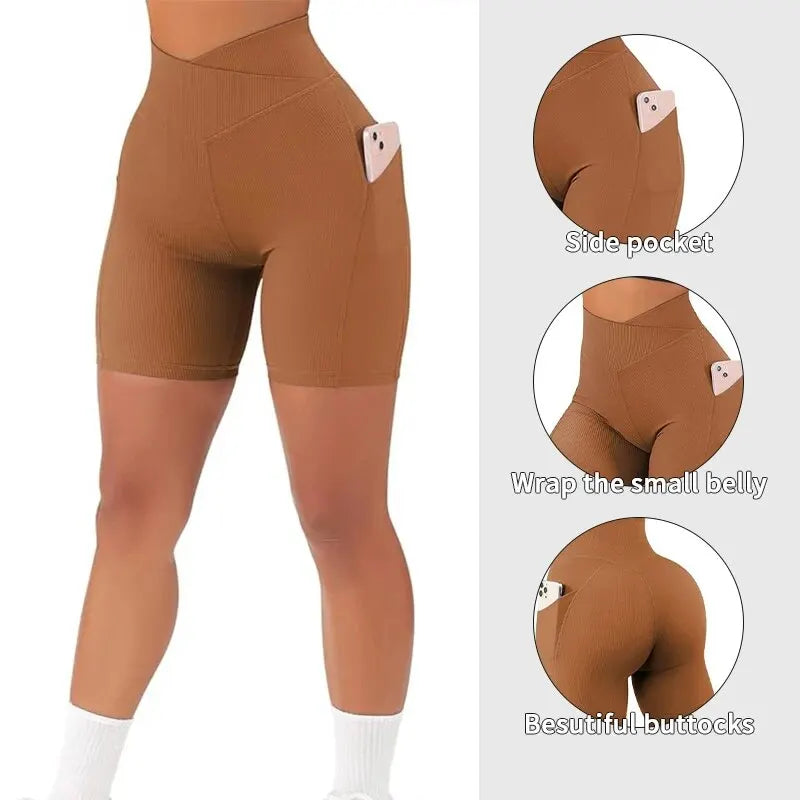 Sports Short Women Cross Workout Yoga Shorts with Pockets 5" High Waist Booty Biker Short.
