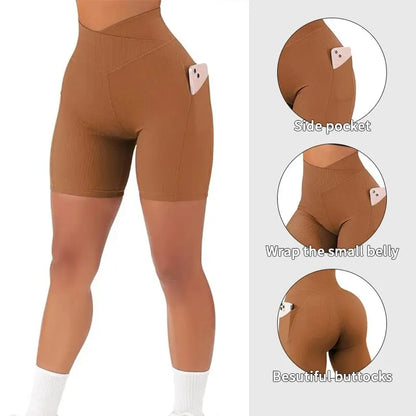Sports Short Women Cross Workout Yoga Shorts with Pockets 5" High Waist Booty Biker Short.