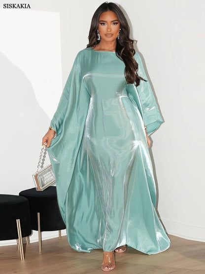 Siskakia Muslim 2024 New Eid Dresses Solid Shiny Satin Batwing Sleeve Modest Kebaya Turkish African Women Abayas Saudi Clothing.