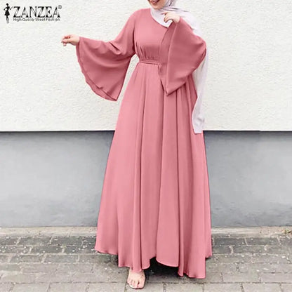 Frauen Lerisure Muslimischen Lange Kleid Übergroßen Vestidos ZANZEA 2023 Sommer Frühling Flare Ärmeln Soild Weibliche Türkische Robe Abaya.