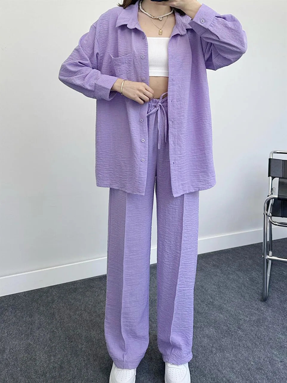 New Autumn Red Women Casual Two-piece Set, Features A Thin Long-sleeved Lapel Shirt Paired with Matching Drawstring Trousers..