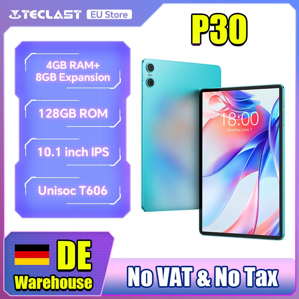 Teclast P30 Tablet Android 14 Max 12GB(4GB+8GB Expansion) RAM 128GB ROM 10.1" Tablets Unisoc T606 8-Core 6000 mAh AI Dual Camera.