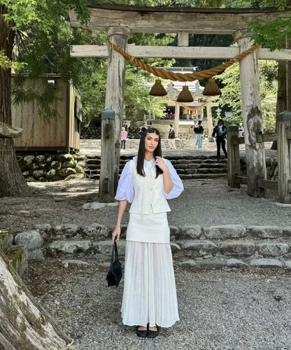 ETJ 2025 spring new  women's elegant fashion same color splicing small pleated hem high waist knit skirt.