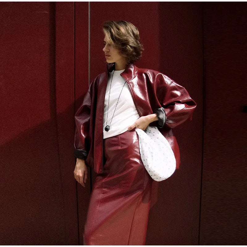 Chic Stand Collar Leather Long Skirt Sets Women Long Sleeve Jackets Spliced Solid Skirts 2025 Autumn Lady Y2k Outfits dress.