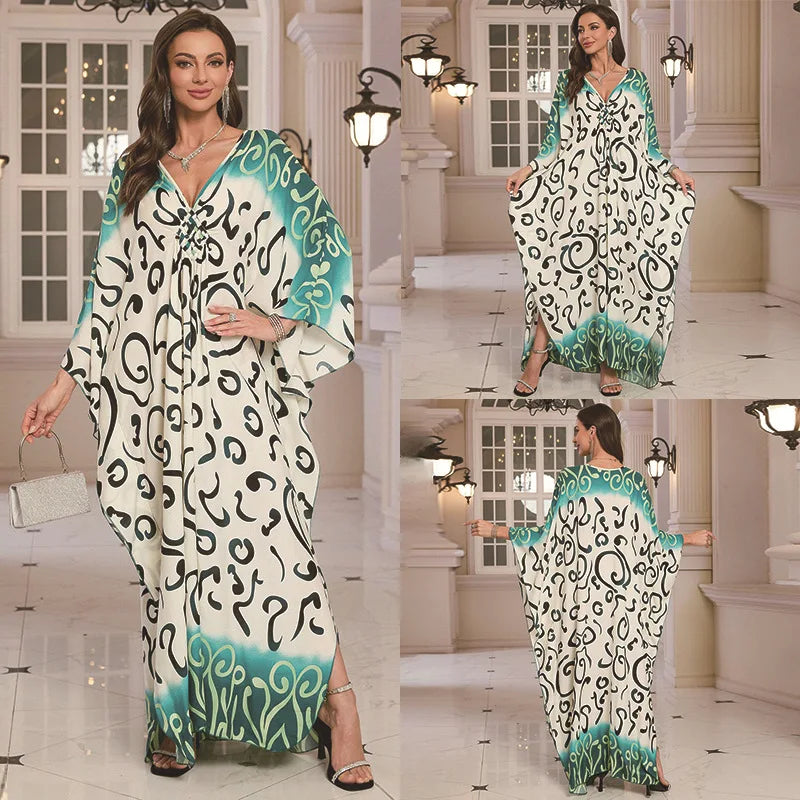 Kaftan-Kleider für Damen, Wellenhals-Badeanzug, Überwurf, Kaftan-Kleid, Übergröße, übergroßes langes Strandkleid.