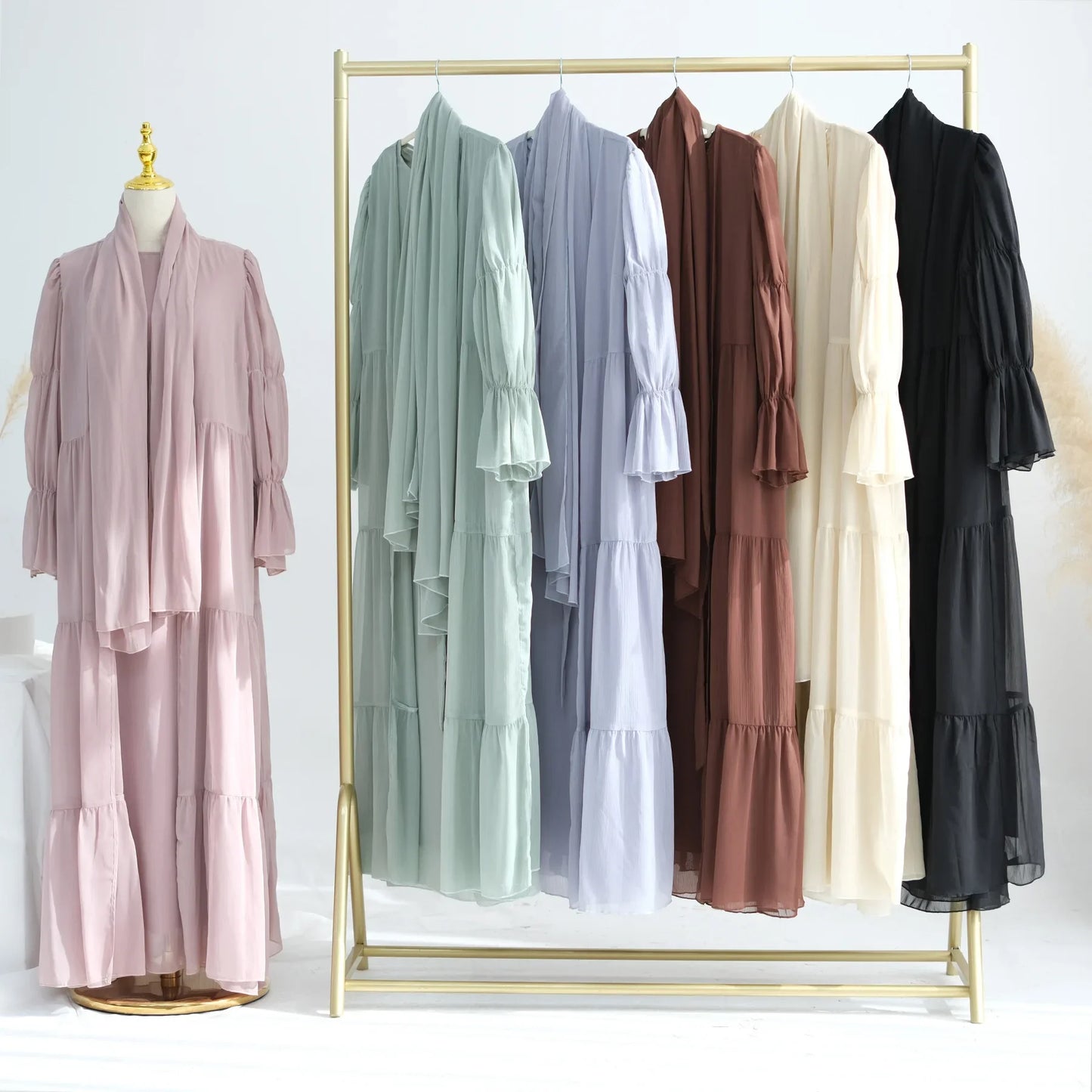 Chiffon Sheer Open Abaya Set Hijabi Muslim Women Party Ramadan Islamic Clothing  Dubai Turkey Kaftan Crepe Kimono Open Abayas.