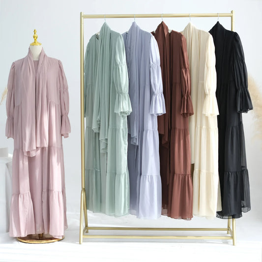 Chiffon Sheer Open Abaya Set Hijabi Muslim Women Party Ramadan Islamic Clothing  Dubai Turkey Kaftan Crepe Kimono Open Abayas.