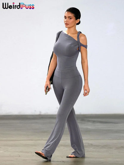 Weird Puss Irregular Knot Women 2 Piece Sets Stretch Casual Short Sleeve Tank Tops+Flare Pants Matching Outfits Slim Streetwear.