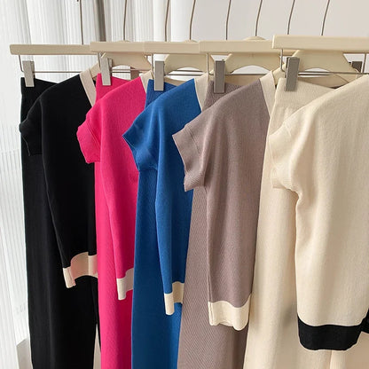 Fashion Knitted 2 Pieces Sets Women V-Neck Single Breasted Cardigan+High Waist Wide Leg Long Pants 2024 New Solid Sweater Suits.