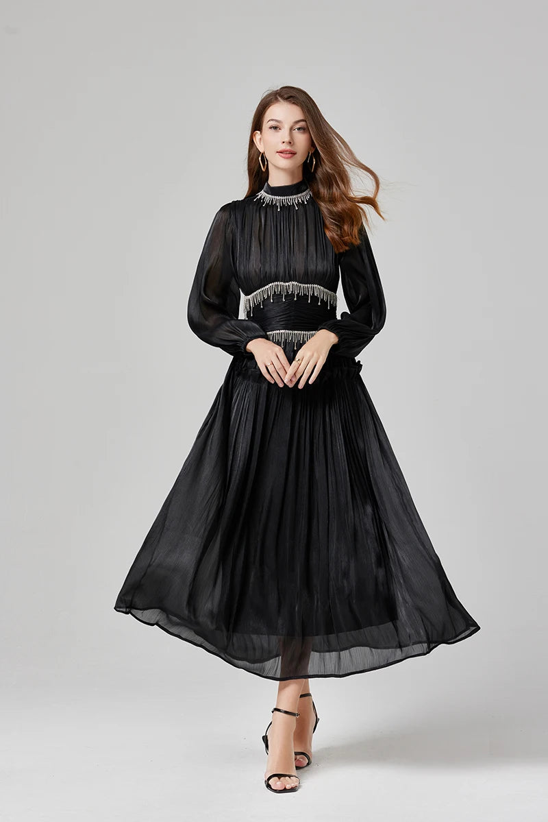 Französisch Luxus Kristall Perlen Quaste Glanz Roben Urlaub Frauen stehen Laterne Ärmel Rüschen plissiert formale Gelegenheit Ballkleid 622