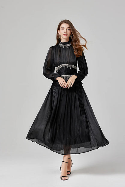 Französisch Luxus Kristall Perlen Quaste Glanz Roben Urlaub Frauen stehen Laterne Ärmel Rüschen plissiert formale Gelegenheit Ballkleid 622