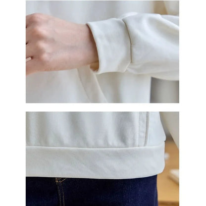 Apricot Round Neck Patch Long Sleeve Sweatshirt Women Loose Comfort Casual Design Fashion Top.