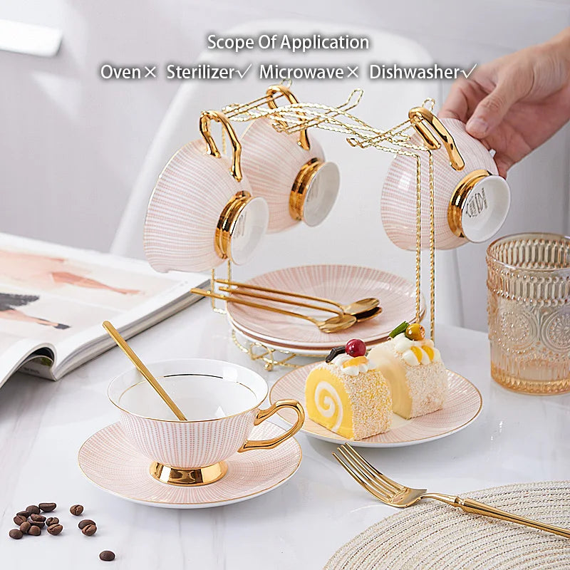 Bone China Tea Cup Saucer Spoon Set 200ml Elegant Coffee Cup Gold Porcelain Tea Set Ceramic Teacup Cafe Espresso Cup British Mug.