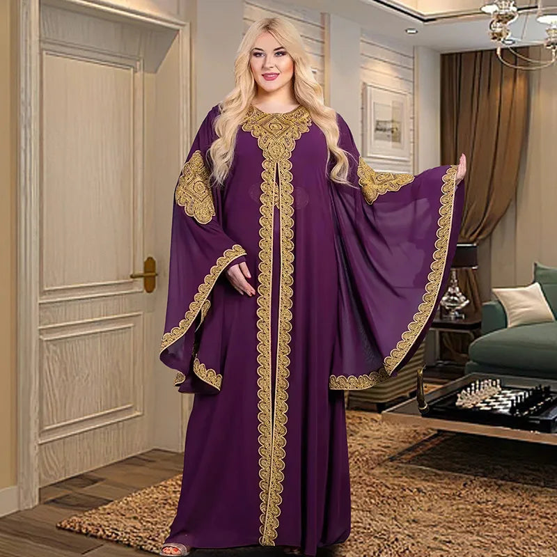 Partykleider für Frauen, Abaya, muslimischer Kaftan, 2-teiliges Set, Eid-Flare-Ärmel, Robe, bestickt, goldene Spitzenkleid, Anzug, Jalabiya Ramadan.