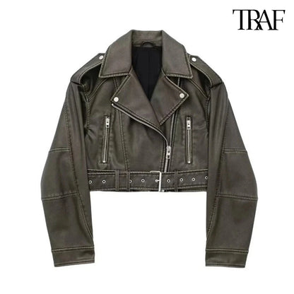TRAF Damen Vintage lose Lederjacke Gürtel Schulter Abzeichen Zip Revers Jacke Handsome Washed Leder Motorrad Kleidung