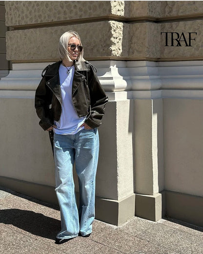 TRAF Damen Vintage lose Lederjacke Gürtel Schulter Abzeichen Zip Revers Jacke Handsome Washed Leder Motorrad Kleidung