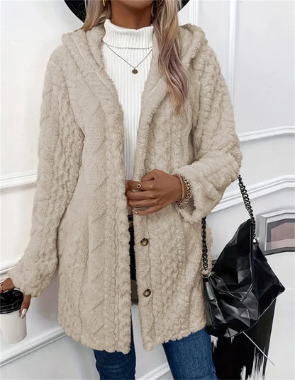 Women Cardigan Hoodie Jacket Autumn Winter Argyle Textured Pattern Hooded Irregular Hem Buttons Fleece Oversized Outerwear Coat