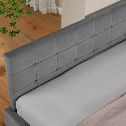 Modernes Einzelbett 90*200 cm, hautfreundliches Samtdesign, Babybett mit hoher Rückenlehne, Beige und Dunkelgrau (ohne Matratze)