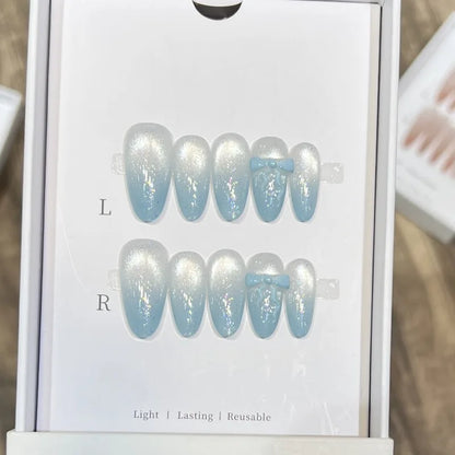 10pc Cat Eye Almond Handmade Press on Nails Light Blue Bow Fake Nails False Nails Artificial Nail Wearable Nail Tips Art Uñas.