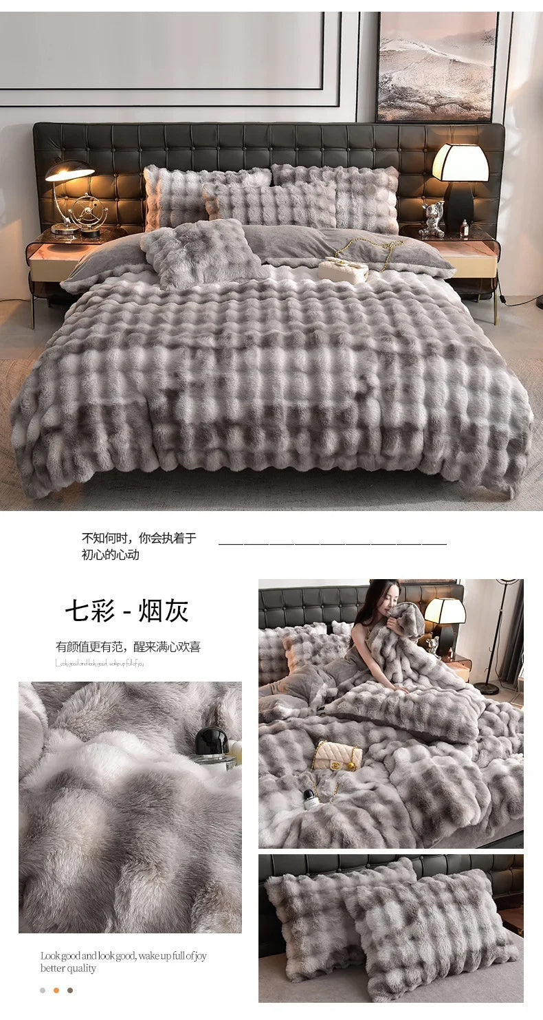2024 new light luxury rabbit velvet four-piece set thickened warm milk velvet rabbit hair tie-dye bed sheet quilt cover