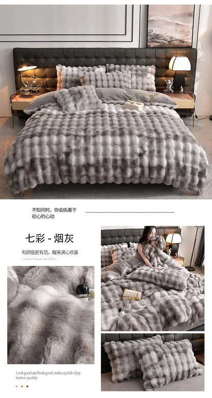 2024 new light luxury rabbit velvet four-piece set thickened warm milk velvet rabbit hair tie-dye bed sheet quilt cover