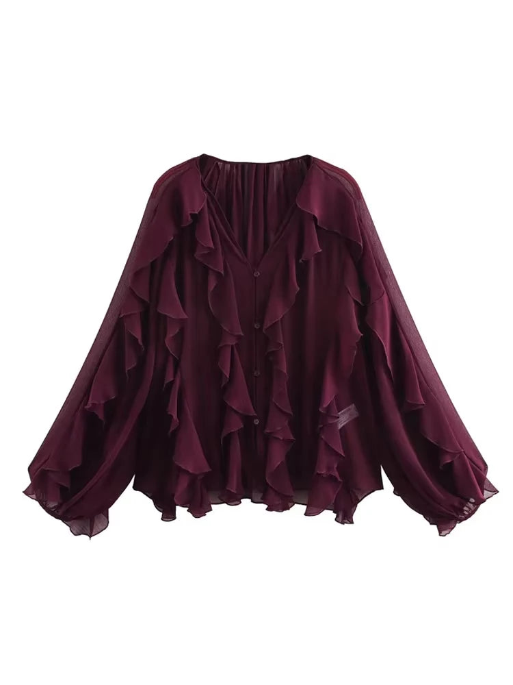 Women Fashion With Ruffles Semi-sheer Blouses V Neck Long Sleeve Button-up Female Shirts Chic Tops.