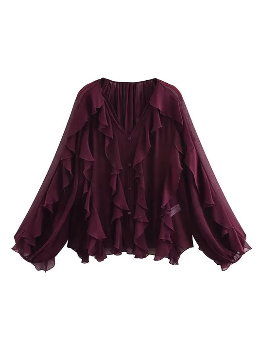 Women Fashion With Ruffles Semi-sheer Blouses V Neck Long Sleeve Button-up Female Shirts Chic Tops.