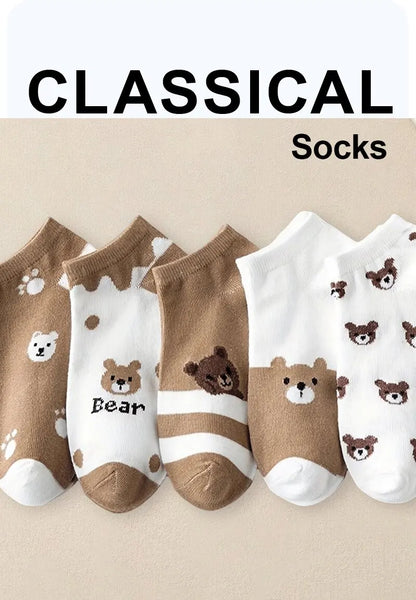5 Pairs Women Cartoon Patterned Socks Trendy Versatile Breathable Sweat Wicking Deodorizing Antibacterial Comfortable Socks.