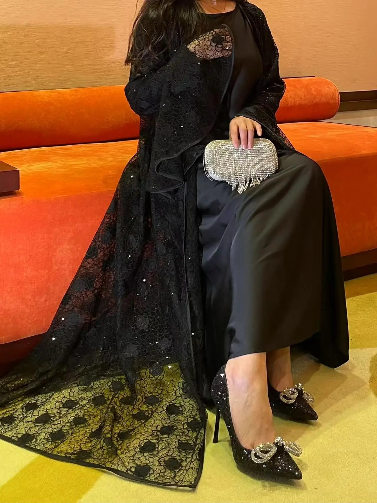 Muslim Women Abaya Dress 2 Piece Set Flare Sleeve Lace Sequin Satin Morocco Caftan Dress Musulman Ensembles Cadigan Outfit Suits