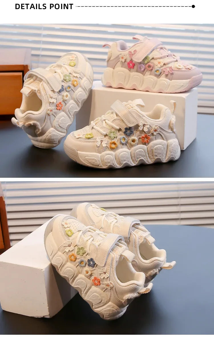 Kids Princess Shoes Thick Soft Sole Trendy Girls Sports Shoes Sweet Embroided 2024 New Fashion Children Sneakers with Flowers.