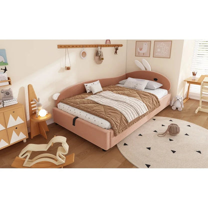 Polsterbett, Einzelbett, Babybett, niedlicher Hasenkopf, hydraulisches Bett mit Stauraum, erhöhter weicher Zaun, Samt, rosa + weiß, 90 x 200 cm