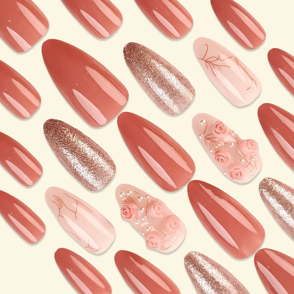 24pcs/set Medium long square fake nails for women girls cute heart flowers feather butterfly design press on false nail art tips.