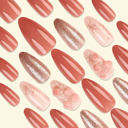 24pcs/set Medium long square fake nails for women girls cute heart flowers feather butterfly design press on false nail art tips.