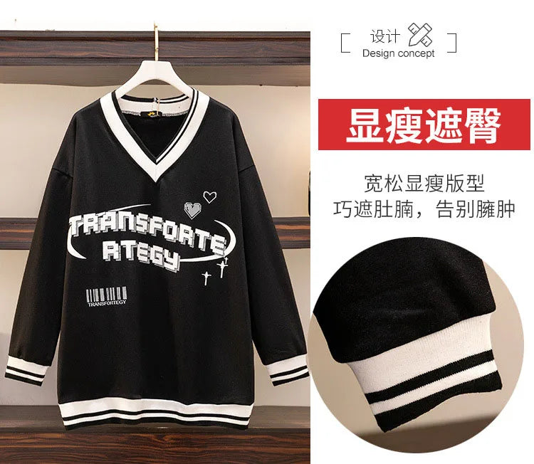 150Kg Plus Größe frauen Fehlschlag 157 Frühling Herbst Lose V-ausschnitt Langarm Drucken Sweatshirts Lässige Top Schwarz 5XL 6XL 7XL 8XL 9XL.