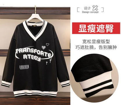 150Kg Plus Größe frauen Fehlschlag 157 Frühling Herbst Lose V-ausschnitt Langarm Drucken Sweatshirts Lässige Top Schwarz 5XL 6XL 7XL 8XL 9XL.