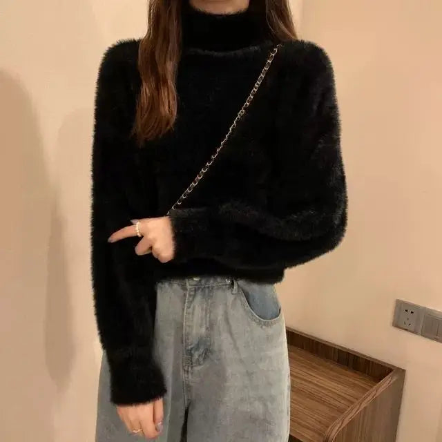 2025 frauen Gestrickte Tops Winter Imitieren Nerz Wolle Heißer Fleece Weibliche Rollkragen Elastische Beiläufige Pullover Weiche Warme Pullover.