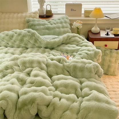 Luxury Faux Rabbit Fur Velvet Fleece Plush Soft Warm Bedding Set Super Comfortable Duvet Cover Set Blanket Bed Sheet Pillowcases
