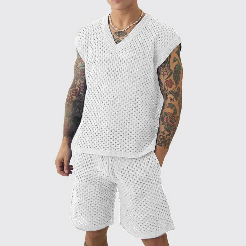 New Men's Summer Casual Knit V Neck Two-piece Sets Fashion Solid Loose Tank Tops and Shorts Sport Suit Men Hollow Out Streetwear.