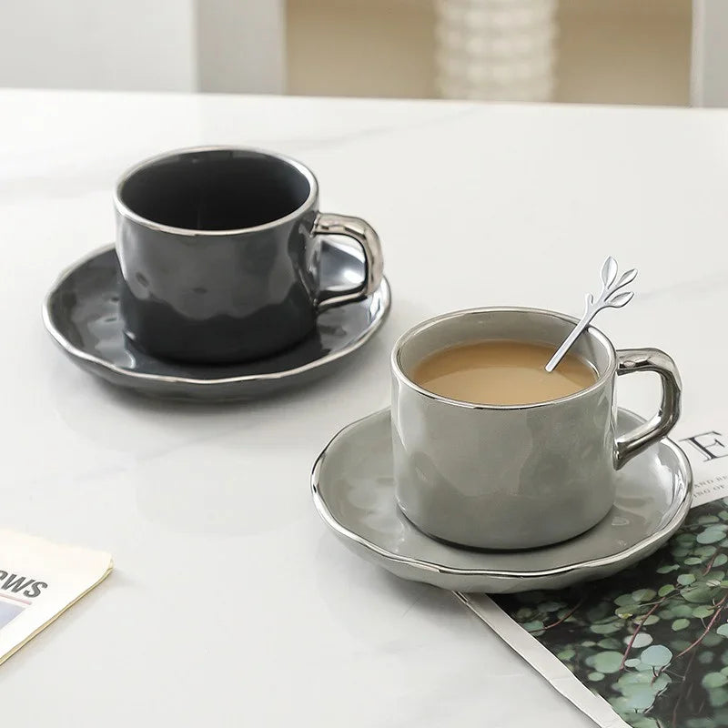 230ml European Style Coffee Cup with Saucer and spoon Ceramic mug Solid Color Tea Cup and Saucer Set Afternoon Tea Milk Cup.