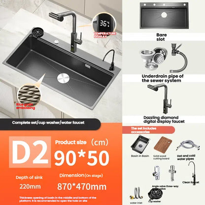 Stainless Steels Kitchen Sink Household Wash Dish and Wash Vegetables Basin Large Single Slot Multifunctional Dishwashing Bowl